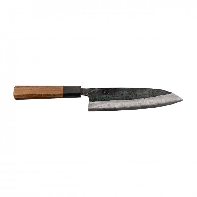 Hatsukokoro Hatsukokoro Kumokage Blue2 Kurouchi Damascus Santoku 180 with Teak handle