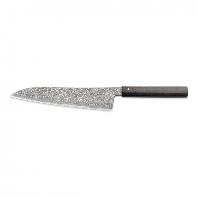 Hinoura Tsukasa FAN OUT Hinoura Tsukasa 21cm Gyuto Black Mushin Damascus Black Handle