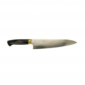 Takeshi Saji Makie - Art R2 AOGAMI NO.2 Coloured Damascus Japanese Chef's Gyuto Knife 240mm with Urushi Lacquered Saya and custom handle TORI FUJI on Lake